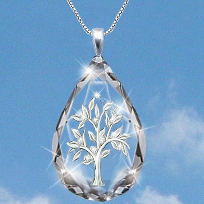 Trasparente di Cristallo di Figura di Waterdrop Dell'albero di Vita Del Pendente Della Collana per Le Donne Del Partito di Modo Della Collana Dei Monili Dei Regali: SV