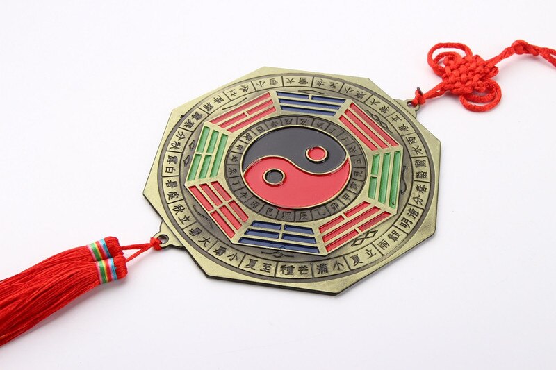 Miroir Feng Shui Foo pour la Protection de la maison, ornement Feng Shui Foo chien mordant une épée baguette avec pompon à nœud chinois pour le bureau, Protection de la famille