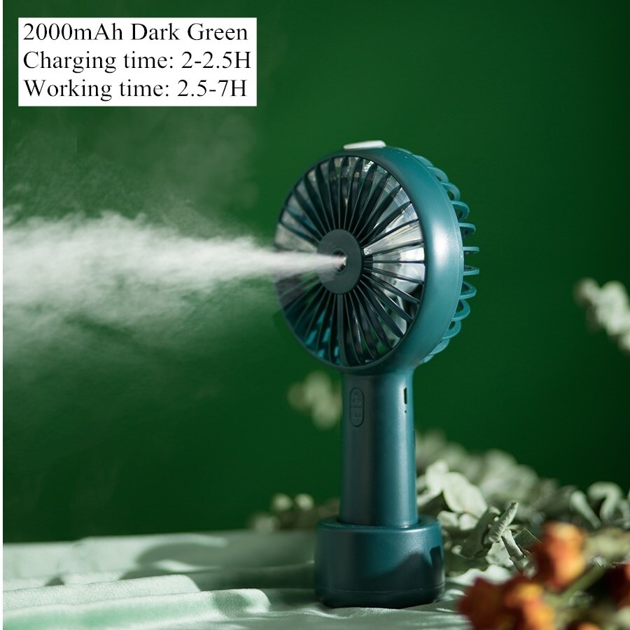 Battery Portable Water Spray Mist Fan Electric USB Rechargeable Handheld Mini Fan Cooling Air Conditioner Humidifier for Outdoor: 2000mah dark green