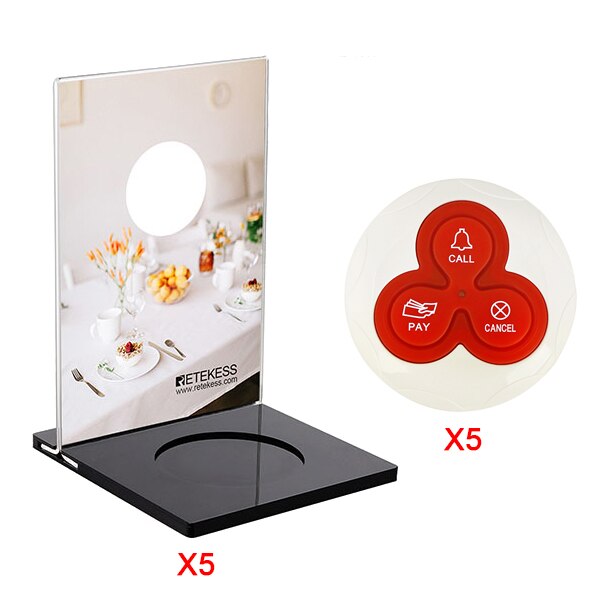 Retekess Restaurant Pager System - 5 Call Buttons - Acrylic - Wireless Waiter Calling: With T114 Button