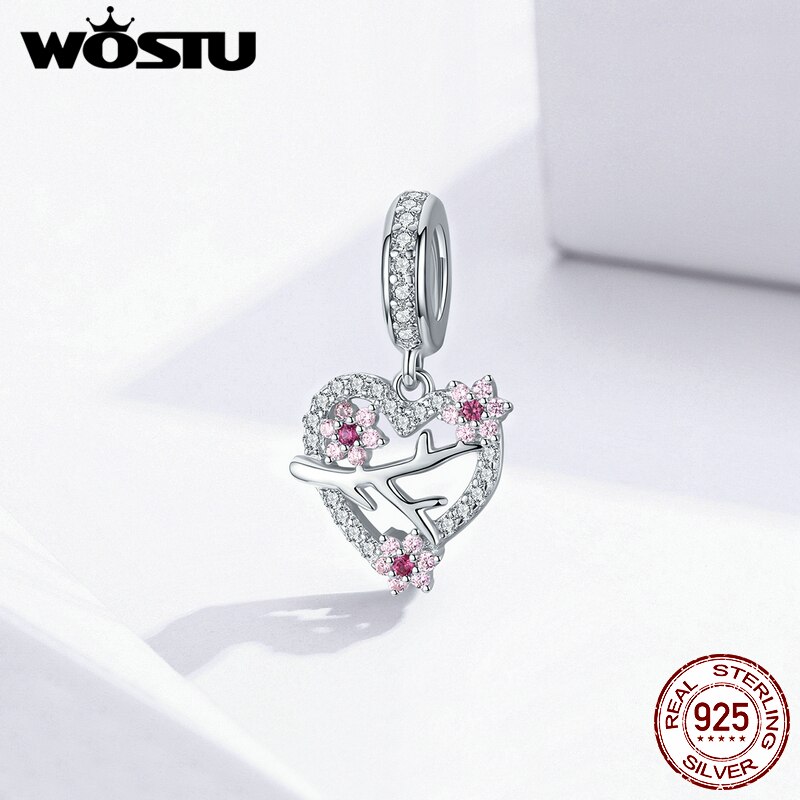 Wostu ægte 925 sterlingsølv blommeblomstperler blomst pink zirkon charm pasform originalt armbånd vedhæng gør selv-smykker