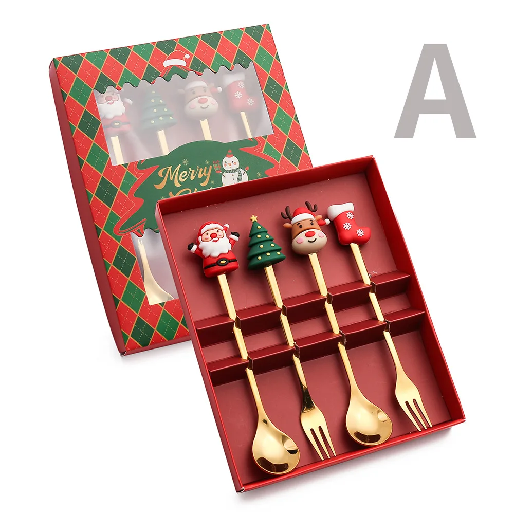 4 stks/set Kerstcadeau Goud Zilveren Lepel Vork Set Elanden Kerstboom Decoratie Dessert Scoop Fruit Vork Koffielepel Bestek: zwart