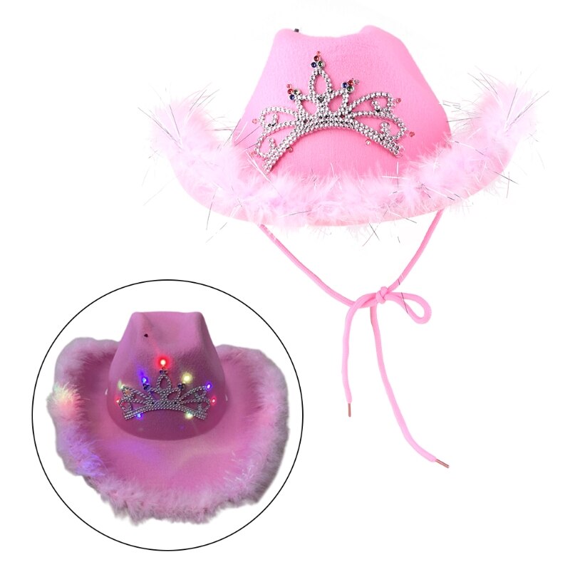Roze Cowgirl Hoeden Voor Vrouwen Koe Meisje Hoeden Met Tiara Hals Trekkoord Vilt Cowboy Kostuum Accessoires Party Hoed