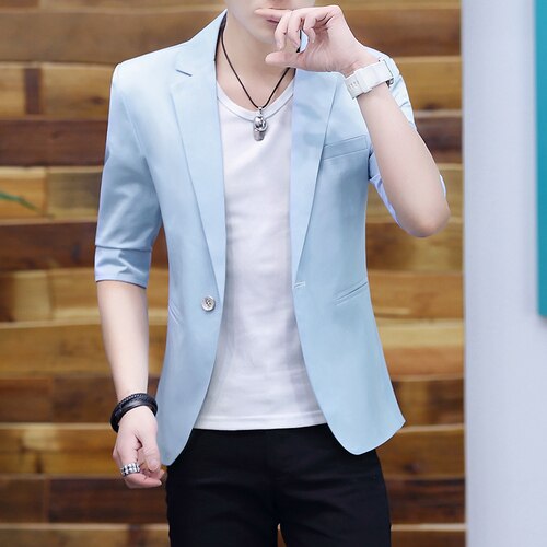 Blazer Men Summer Fashionable Casual Solid Half Sleeve Slim One-button Blazer for Men: Sky Blue / XXXL