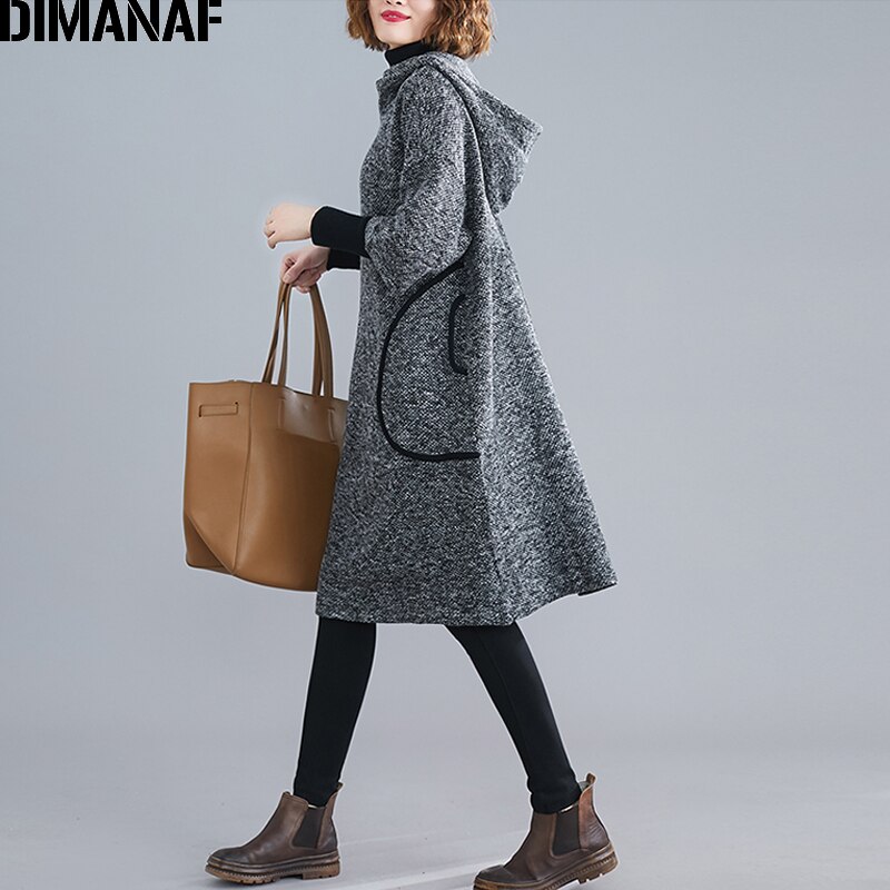 DIMANAF Plus Size Vrouwen Jurk Vintage Herfst Winter Dikke Oversized Losse Vrouwelijke Vestidos Casual Capuchon Zakken Knielange Jurk