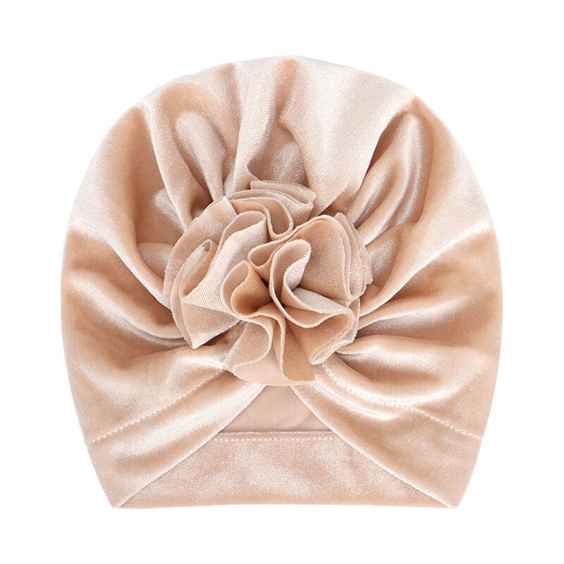 Vinter flickhatt sammetsblomma turbanhatt barnmössa babymössa för flickor hattar babymössa spädbarnstillbehör 14 färger: Beige sammet
