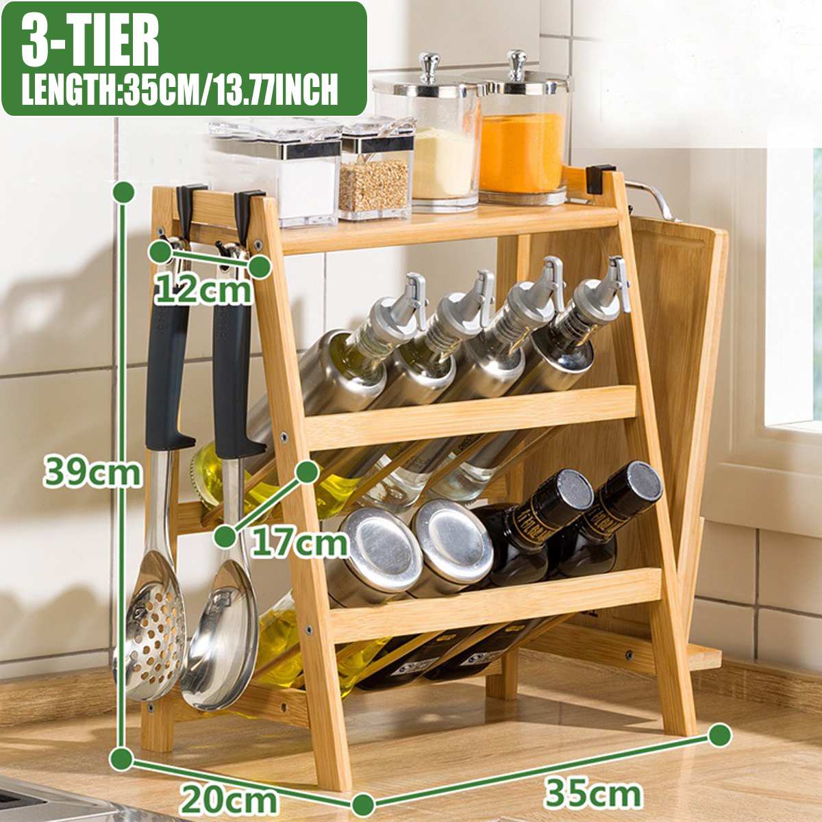 Hoge capaciteit multifunctionele 3 lagen bamboe opbergrek keukenplank flessenrek decoratie organizer plank thuis desktop rekken: Hout 35cm