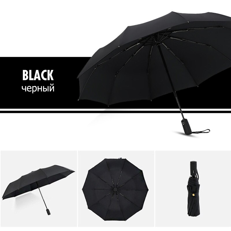 Automatic Double Layer Umbrella Women 3Fold Windproof 10K Men Umbrellas Large Luxury Car Business Umbrella: Black