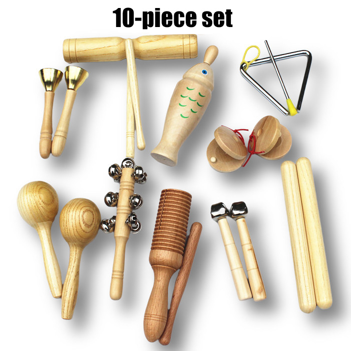 Juego de instrumentos musicales hechos de madera para niños pequeños, bolsa de transporte, juego de juguetes de percusión Musical para niños, banda de xilófono, pandereta, 10 unids/set por Set: 10 piece set