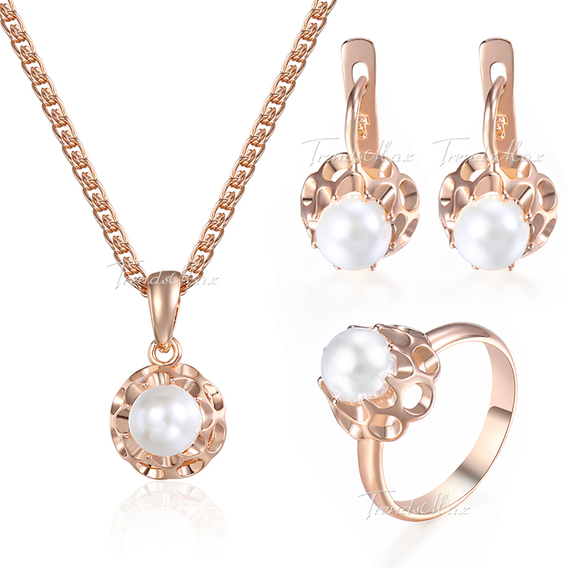 Ohrringe Ring Pendent Halskette einstellen Für Frauen Perle Perle Ball Rose Gold Gefüllt Simulierte Perle Perle Ball 585 Schmuck setzt GE142