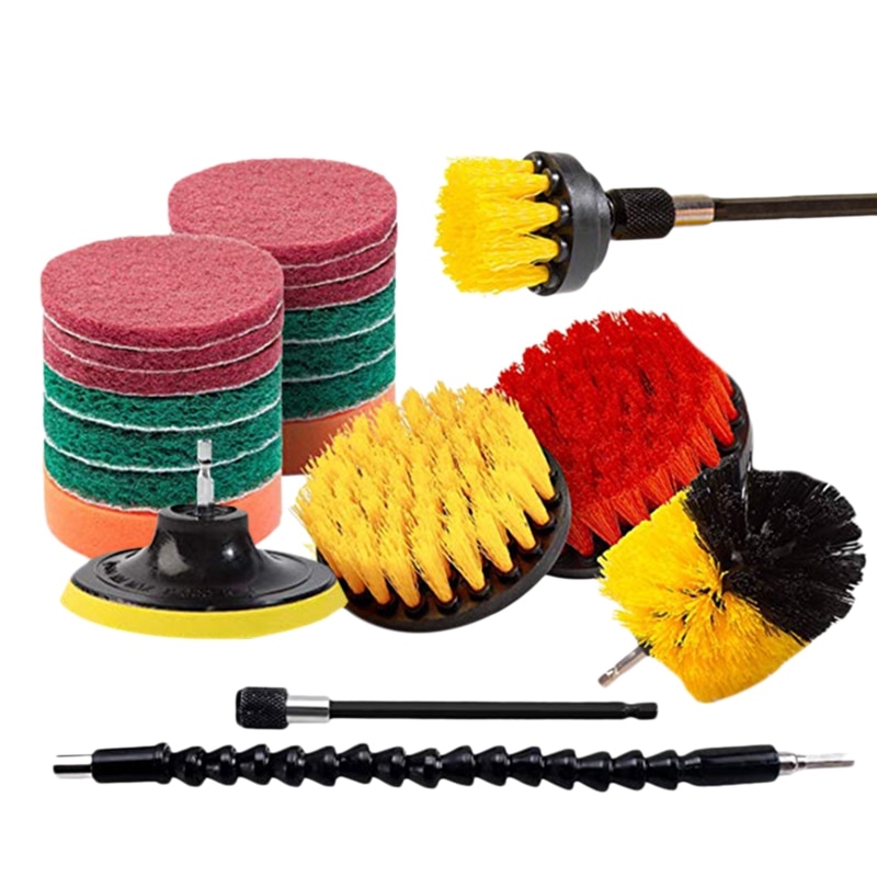 -21 Piece Drill Brush Attachments Set Scrub Pads Sponge Power Scrubber Brush with Rotate Extend Long Attachment All Purpose C: Default Title