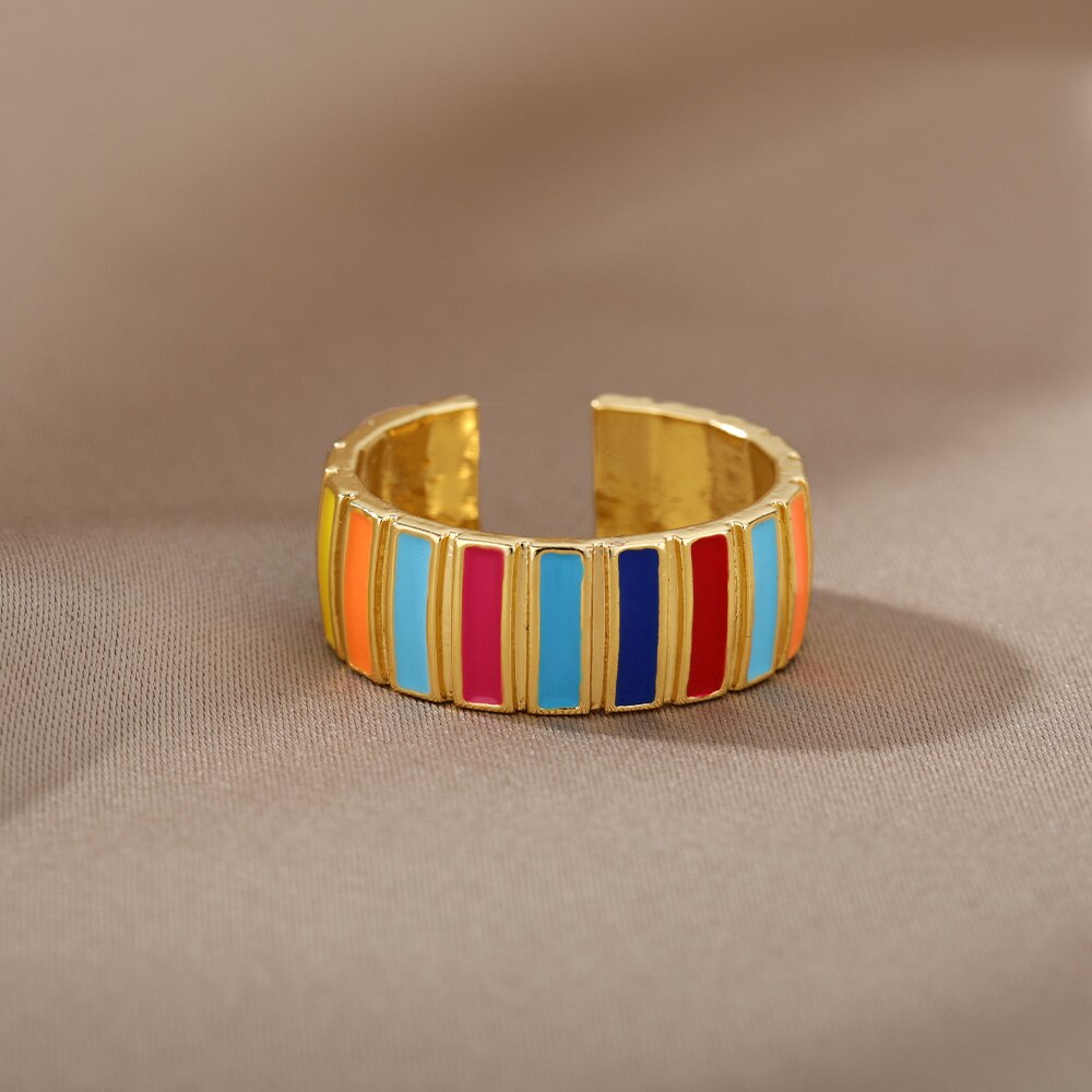 Kleurrijke Enamel Rainbow Ringen Voor Vrouwen Mannen Minnaar Paar Lgbt Ring Verstelbare Open Manchet Engagement Trouwringen Sieraden