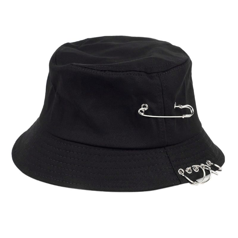 Harajuku Punk algodón personalidad sombrero de cubo Metal Pin o-anillos Color sólido ala ancha protector solar plegable Hip Hop pescador Cap: Black