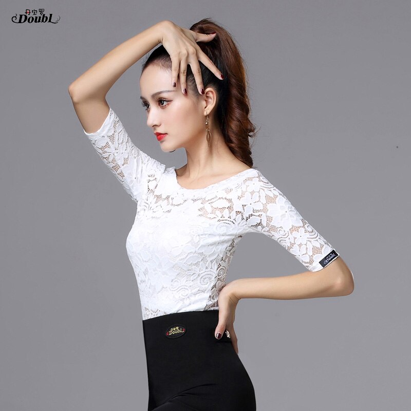 Dance Latin Dance Tops for Women's Girls Vogue Adult White Black Half Sleeve Boat Neck Lace Opaque Rumba Chacha Waltz Practice