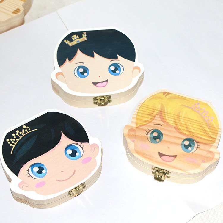 Baby Wood Tooth Box Organizer Milk Teeth Storage Language Spain English Collect Teeth Umbilica Save Baby Tooth Box