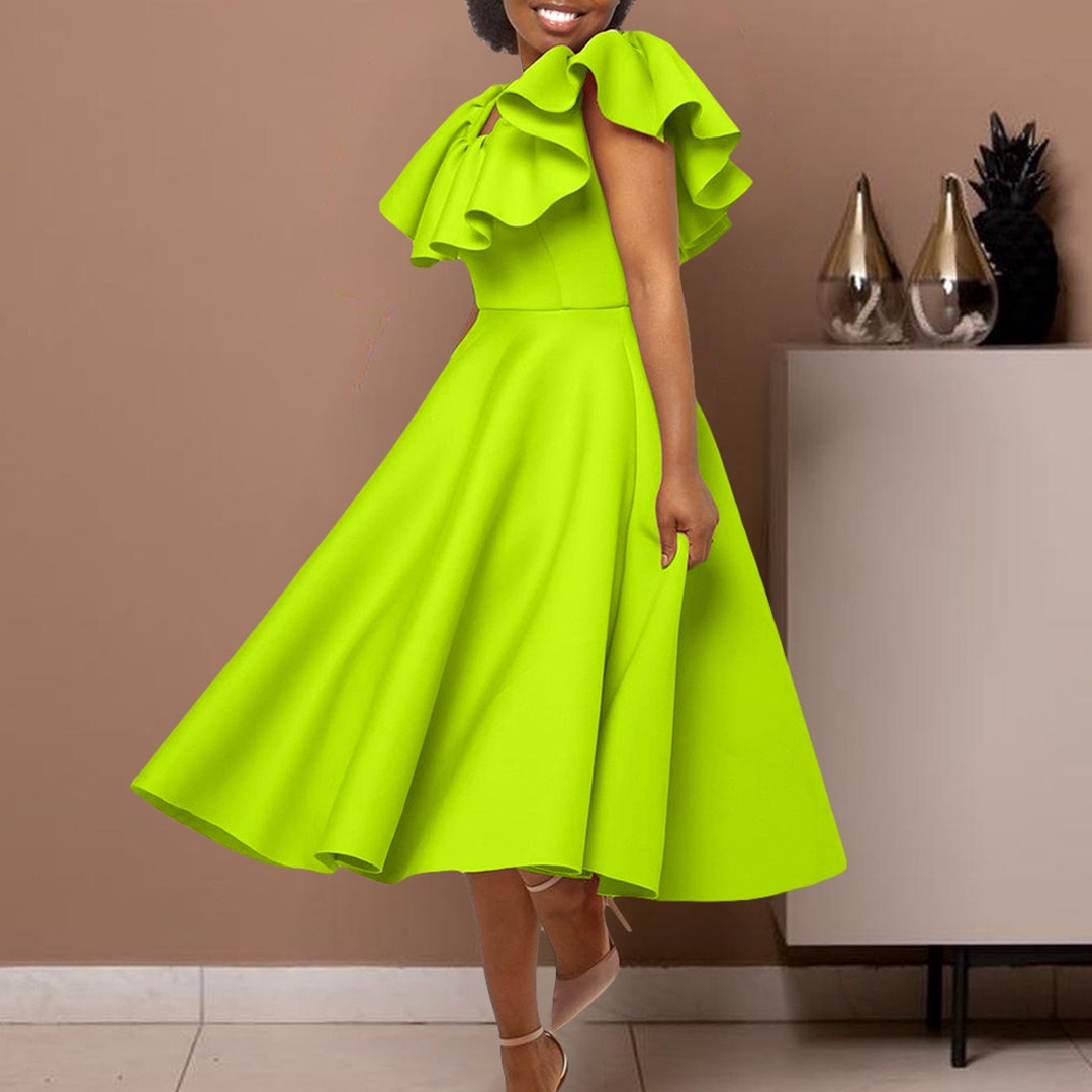 Robes de soirée élégantes pour femmes, col rond, manches à volants, taille haute, ligne A plissée, mi-mollet, robe de luxe pour dîner d'anniversaire: L / green