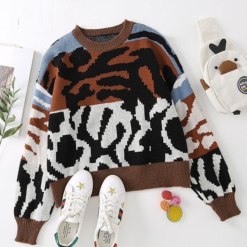 LOUDelephant Dikke Wol Gebreide Trui met Abstract Patroon Fairisle Ruimteverf Patroon Trui 100% Pure Wol Nepal, Grijs, XL