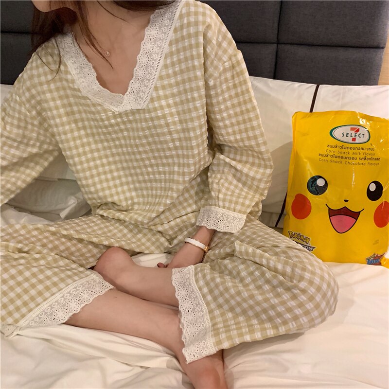 CAIYIER-Conjunto de pijamas coreanos Ulzzang para niñas, ropa de dormir holgada informal de manga larga con cuello en V, ropa de invierno, color rosa