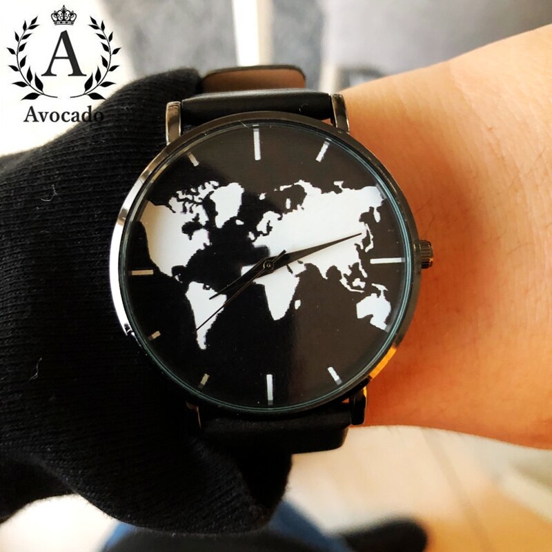 All Black World Map Watch Leather Strap Quartz Movement 3 Hands Men And Women Timer Clock