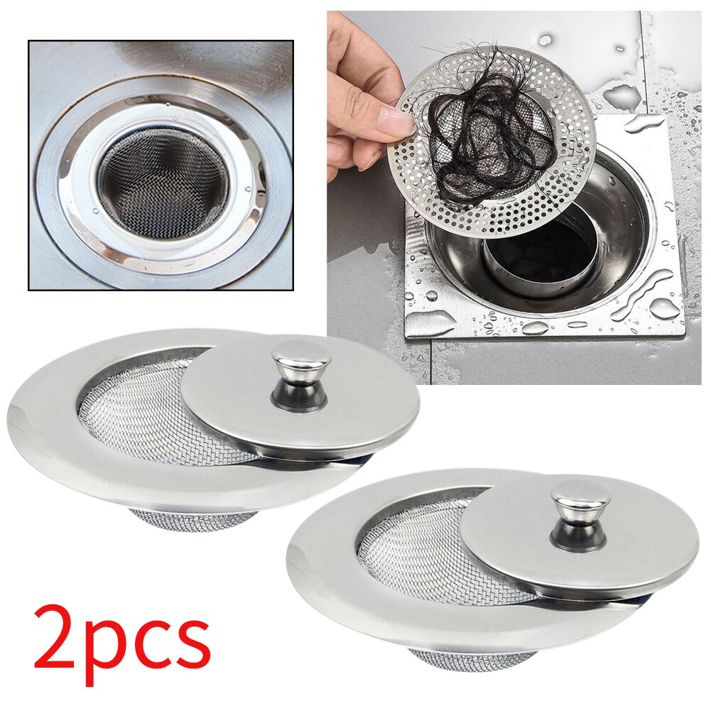 2pcs Food Filter With Lid Stopper Cover Wide Rim Anti Clogging Bathroom Kitchen Sink Strainer Universal Home Stainless Steel