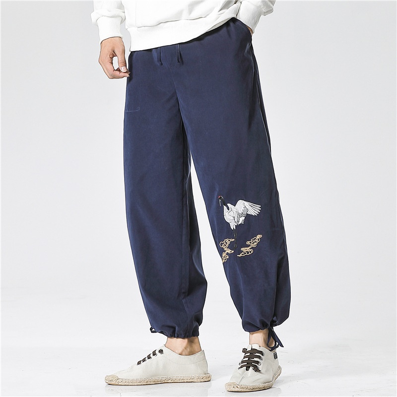 Traditional Chinese Pants Men Clothing Casual Vintage Trousers Embroidery Red-Crowned Crane Kimono Harem Pants KK3260