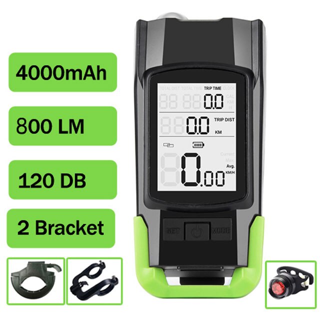 Impermeabile Della Bici Del Calcolatore Integrato 800LM Faro 120DB Corno Altoparlante 3 in 1 Senza Fili di Riciclaggio Della Bicicletta Tachimetro Dell'odometro Del Calcolatore: Green D1