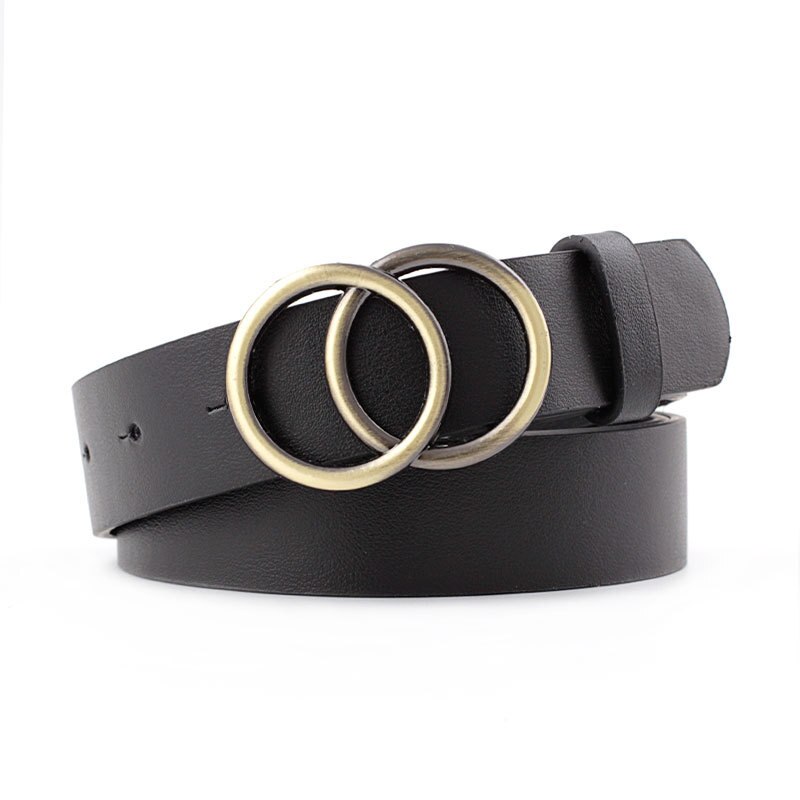 Kvinder guld sort sølv stor dobbelt ring cirkel spænde bælte linning kvindelige dame brede læderremme bælter til jeans: Stil 2 sort