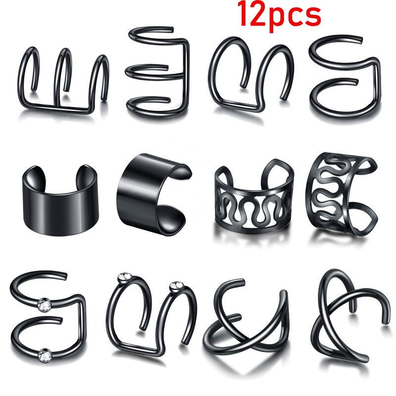 12pcs/set Punk Rock Ear Clip Cuff Wrap Earrings No piercing-Clip On Cartilage Wrap Earring: 12pcs black