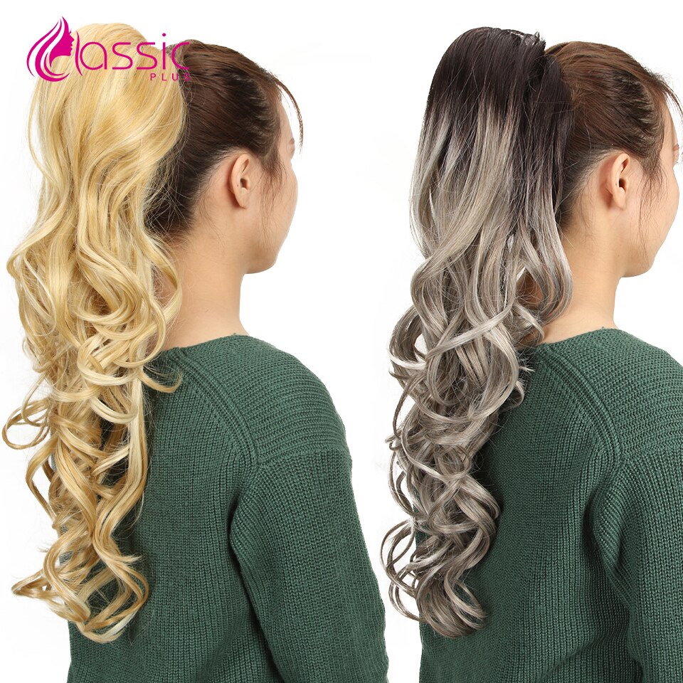 Extensiones de coleta Rubia de 26 pulgadas, coleta de onda suelta con cordón, peluca con Clip, pelo de color gris