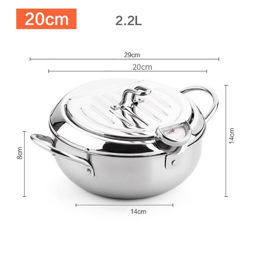 Kitchen Deep Frying Pot Stainless Steel Thermometre Tempura Fryer Pan Temperature Control Fried Chicken Pot Cooking Tools: 20CM