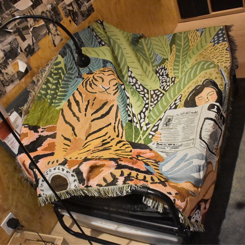 Couverture de canapé à motif de tigre pour fille, style bohémien, couverture anti-poussière avec pompon, couverture de climatisation pour lit et chambre à coucher, décor