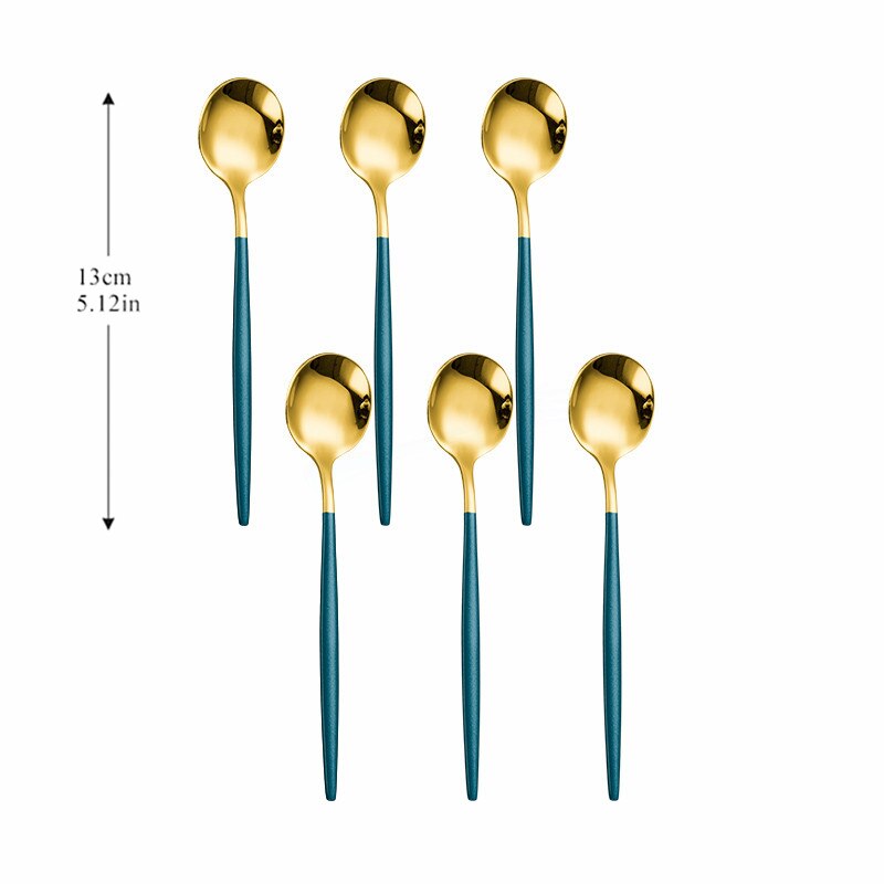 Spoon Silver Stainless Steel Cutlery Set 6pcs Tea Spoon Kitchen Complete Tableware Set Western Silverware Luxury Dinnerware Set: mgreen gold 6pcs