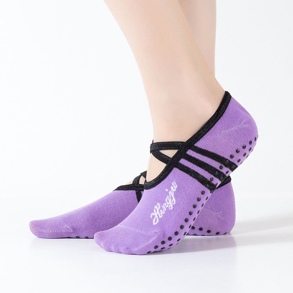 Gobygo 1 par sports yoga sokker tøfler til kvinder anti slip dame dæmpning bandage pilates sok ballet hæl dansebeskytter: Lys lilla