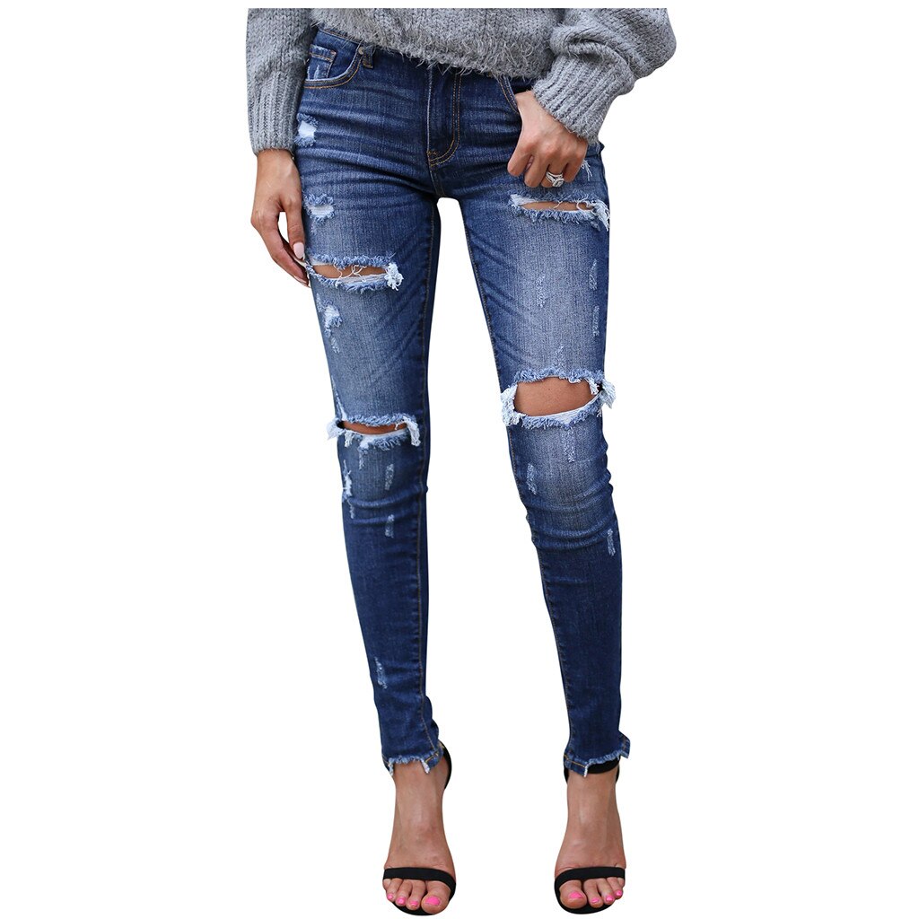 jean femmes taille haute maigre trou Denim bouton Stretch pantalon mince mollet longueur jean roupas déchiré jean rapide: Bleu / M