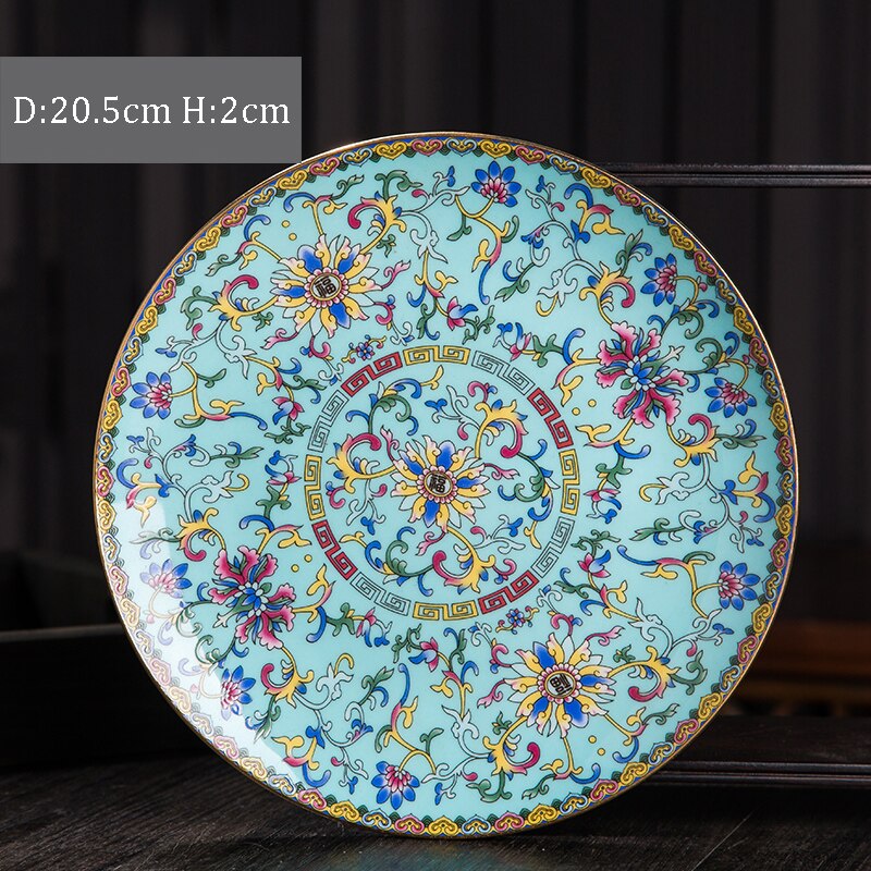 Chinese Ceramic Plates Golden Stroke Enamel Decorative Porcelain Dinner Plate Dinner Steak Pasta Dishes Restaurant Serving Tray: V