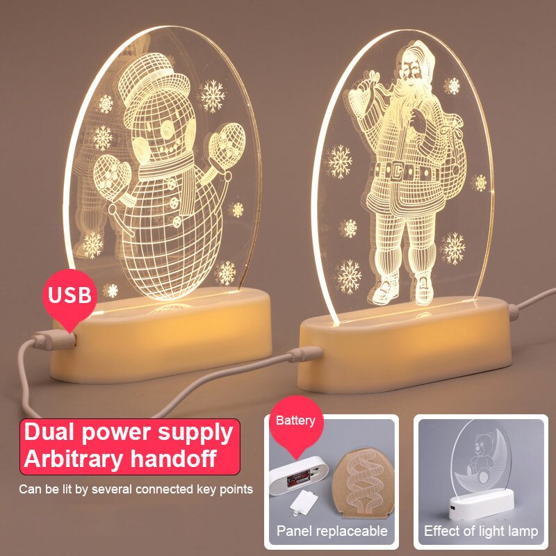 1Pc Usb Power Nachtlampje Led Herten Sneeuwpop 3D Acryl Tafellamp Slaapkamer Decor Lamp Kerst Decoratie