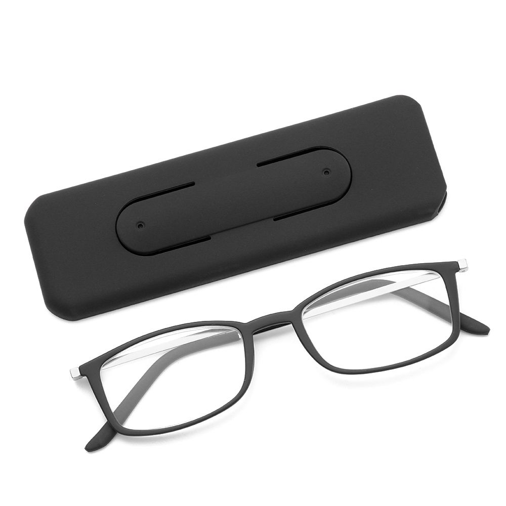 Gafas de lectura portátiles ultraligeras para hombres y mujeres, anteojos de presbicia ultrafinos de marco completo, antiazul, con soporte para teléfono y estuche de almacenamiento: +200 / black