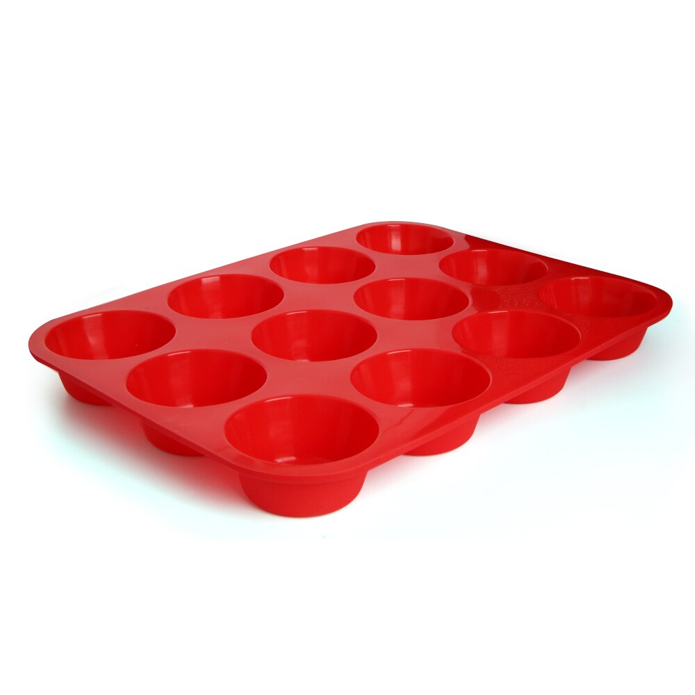 12 huller muffin silikone form gør-det-selv rund cupcake form cookies fondant bradepande non-stick budding dampet kage form bageværktøj: Rød