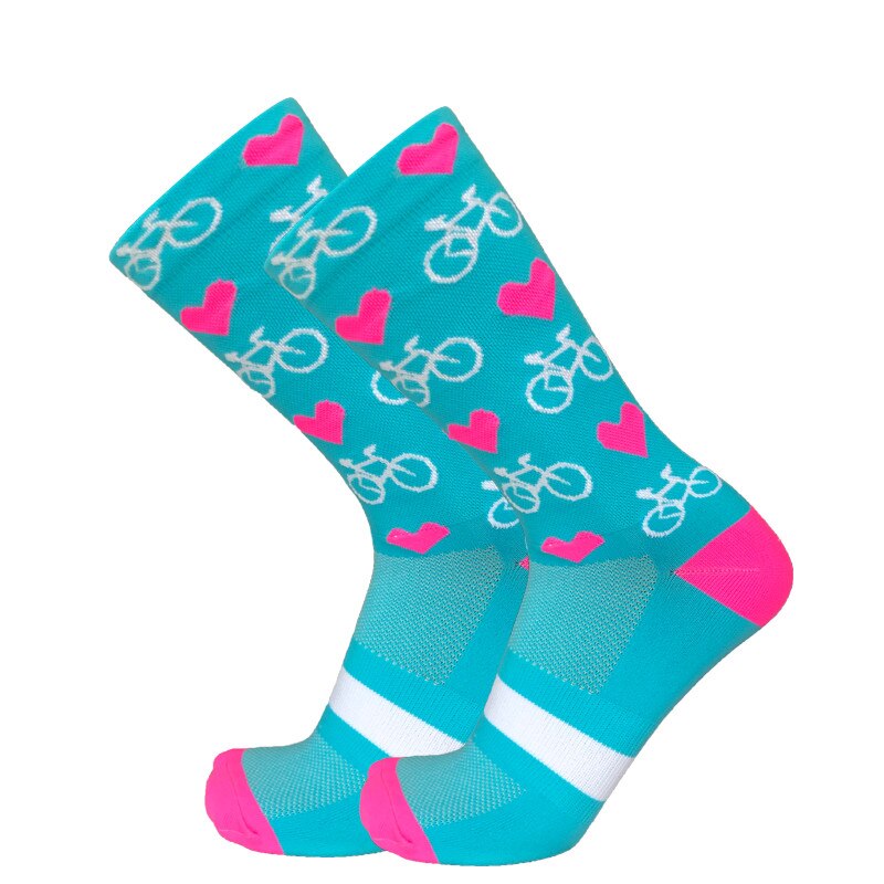 Cykelstrømper mænd kvinder kompression landevejscykelstrømper bjerg hjerteformede kærlige sokker: Himmelblå