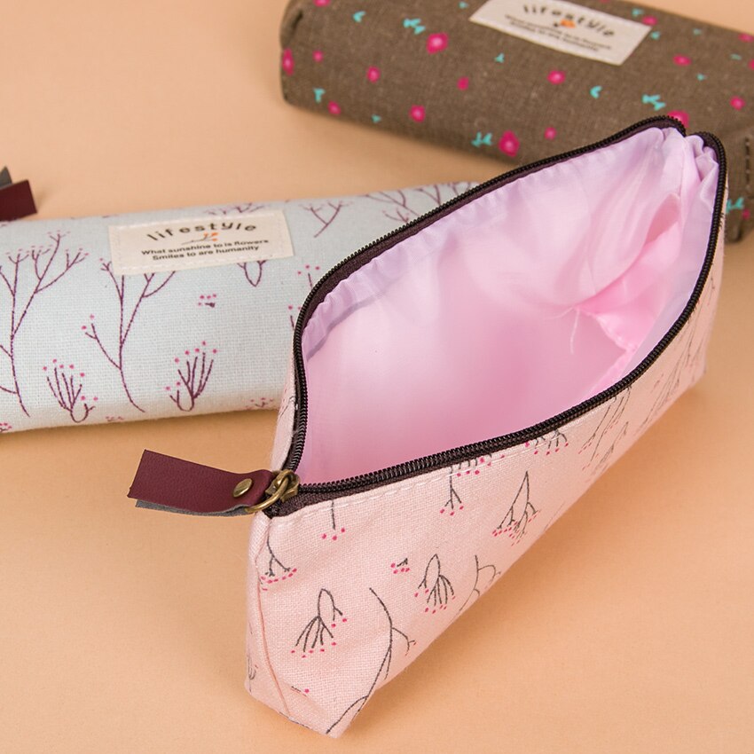 Cute Colorful Floral Flower Canvas Zipper Pencil Cases Lovely Fabric Flower Tree Pen Bags