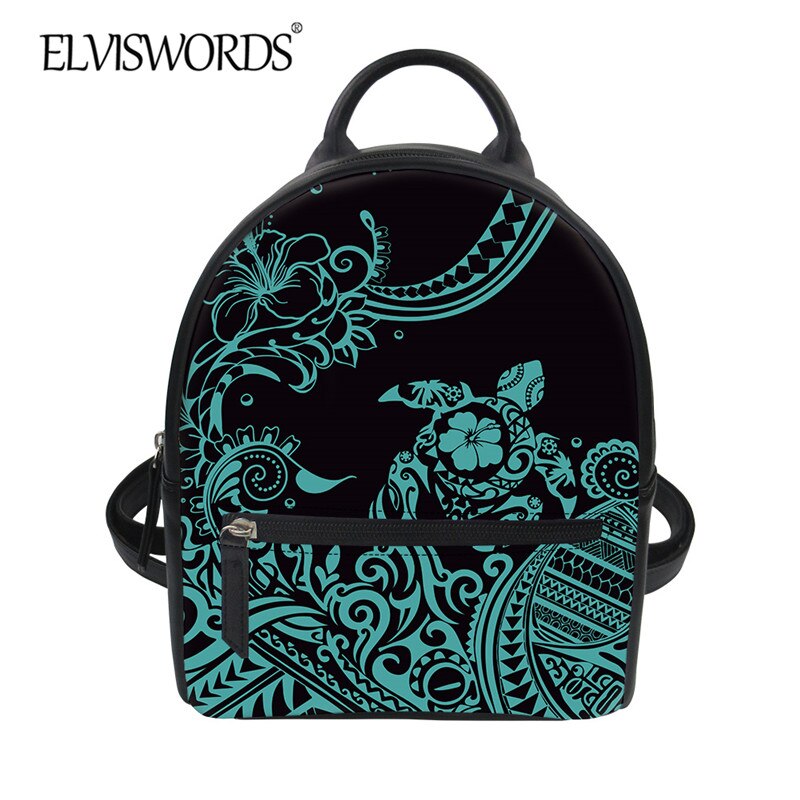 ELVISWORDS Frauen Mini PU Rucksack Polynesian Stamm Druck Weibliche Schulter Pack Luxus Reißverschluss Reise Schwarz Leder Tasche: HTAE791Z4