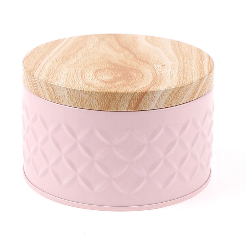 Round Empty Iron Box With Wood Grain Lid Candy Storage Box Diy Candle Making Jar: pink 1