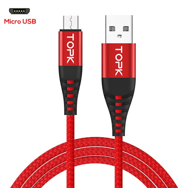 Topk-cabo micro usb de nylon trançado, para celulares android, samsung s7 edge, xiaomi redmi 4x: Micro Red / 2 m