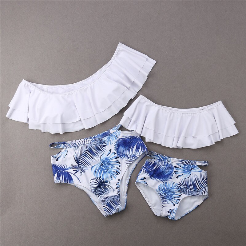 Sommer familie matchende badetøj forældre børn badedragt kvinder piger off shoulder bikini mænd drenge blade trunks badedragt