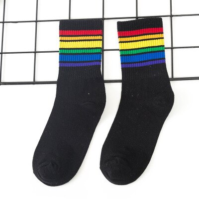 Grappige Leuke Regenboog Gestreepte Sokken Meisjes Katoen Losse Crew Sokken Kleurrijke Vrouwen Kid Harajuku Retro Kerstcadeau Sokken: Black 1
