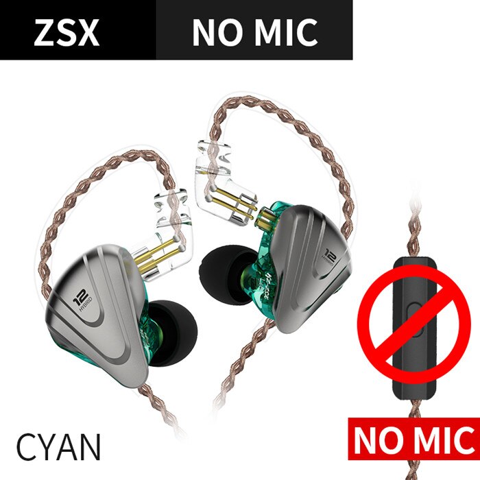 KZ – Auriculares metálicos intrauditivos con cancelación de ruido, audífonos internos híbridos 5BA + 1DD con 12 conductores, graves HIFI, ZSX Terminator: ZSX Cyan No Mic