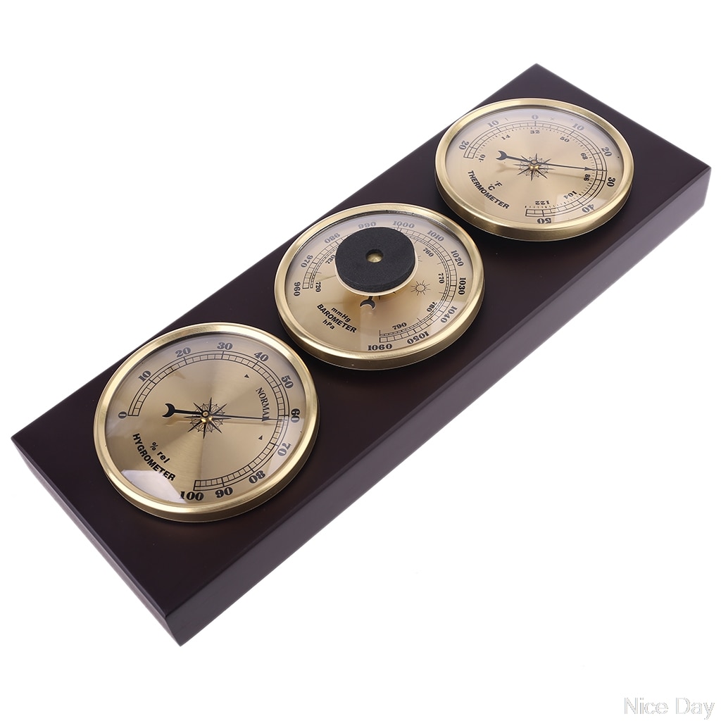 3Pcs/Set Barometer Hygrometer Thermometer Weather Station with Wooden Frame Base Ornaments 31cm x 11cm Ju19 20