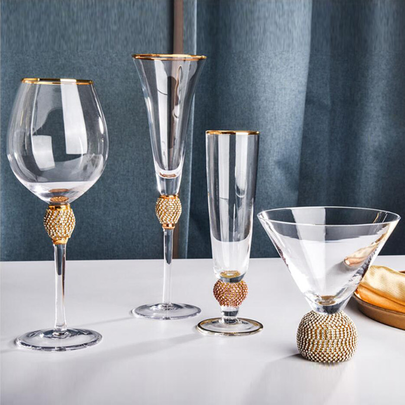 Transparent Gold Rimmed Glass Set with Diamonds Goblet Red Wine Cocktail Champagne Whiskey Grape Wine Drink Glass Cup