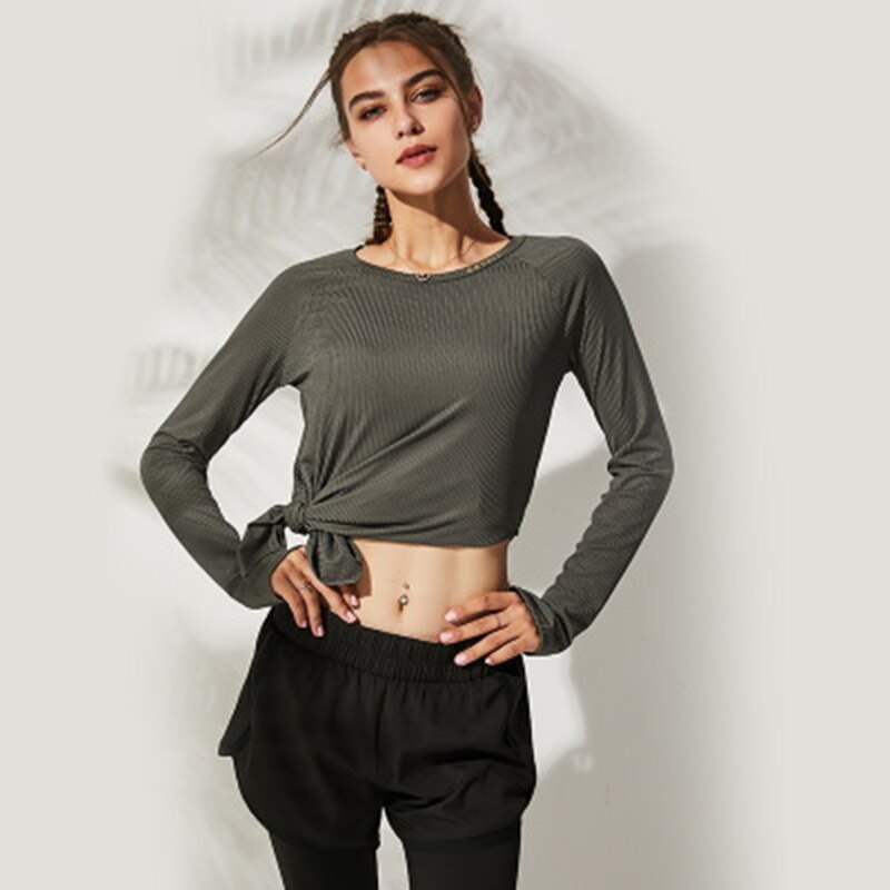 Abiti da yoga allentati per camicia sportiva da fitness camicetta da donna o-collo allenamento da corsa manica lunga femme gym top con fori per il pollice: green / S