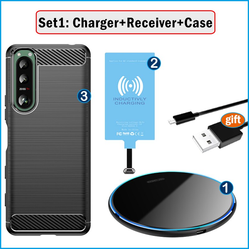 Draadloos Opladen Voor Sony Xperia 5 Ii Iii Qi Draadloze Oplader Met Usb Adapter Type-C Opladen Receiver Case zet En Lading: for Xperia 5 / Wireless Charger Set